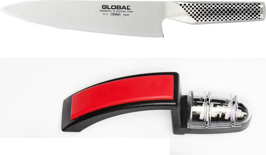 Global 71G2220BR | G-2 8" Chef's Knife and Red Sharpener Set