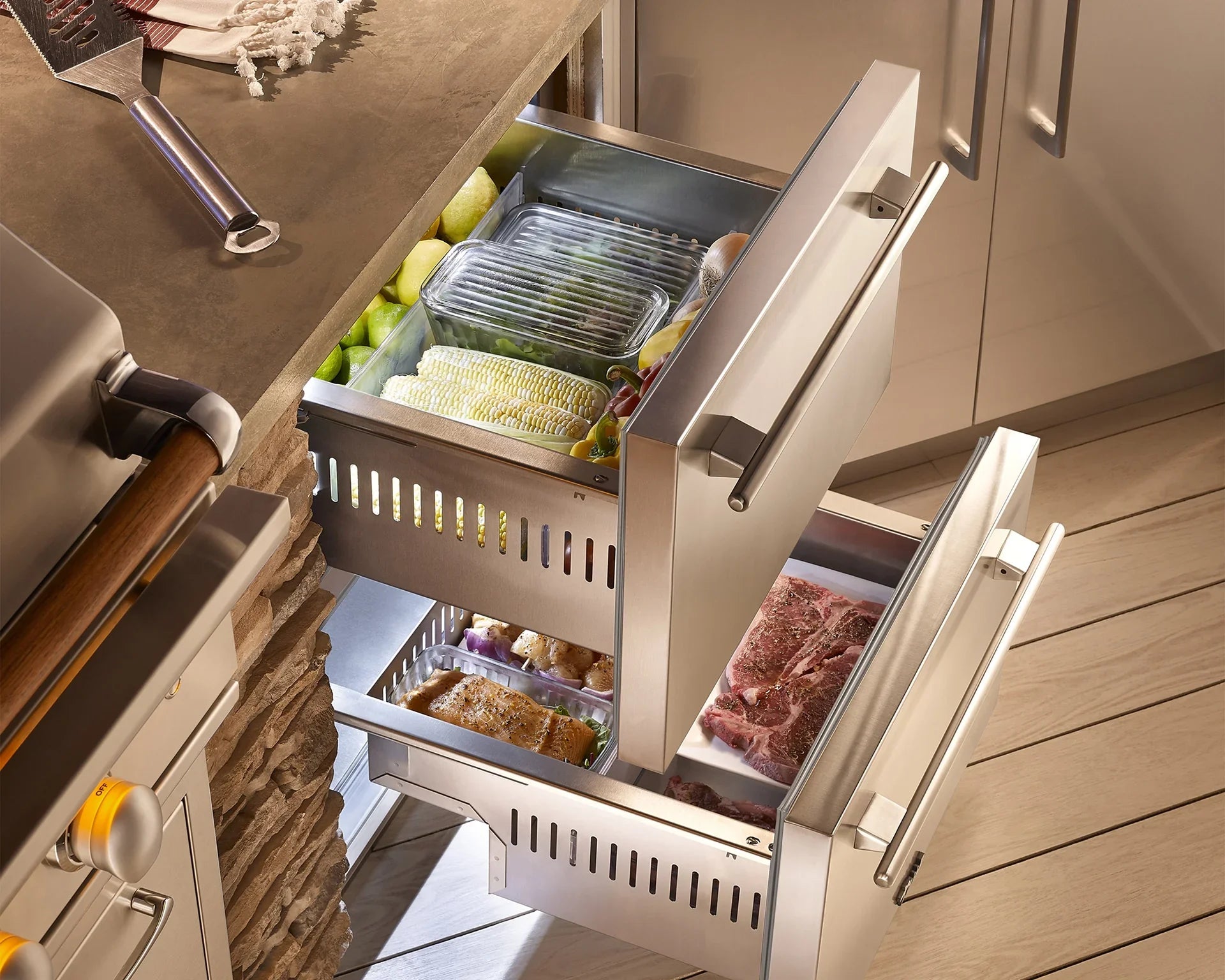 True-residential TUR-24-SS | Undercounter Refrigerator | Solid Stainless Steel Drawers 2 Dividers  | Outdoor