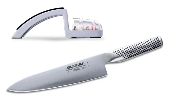 Global 71G2220GB | G-2 8" Chef’s Knife and Grey 2-Stage Sharpener Set