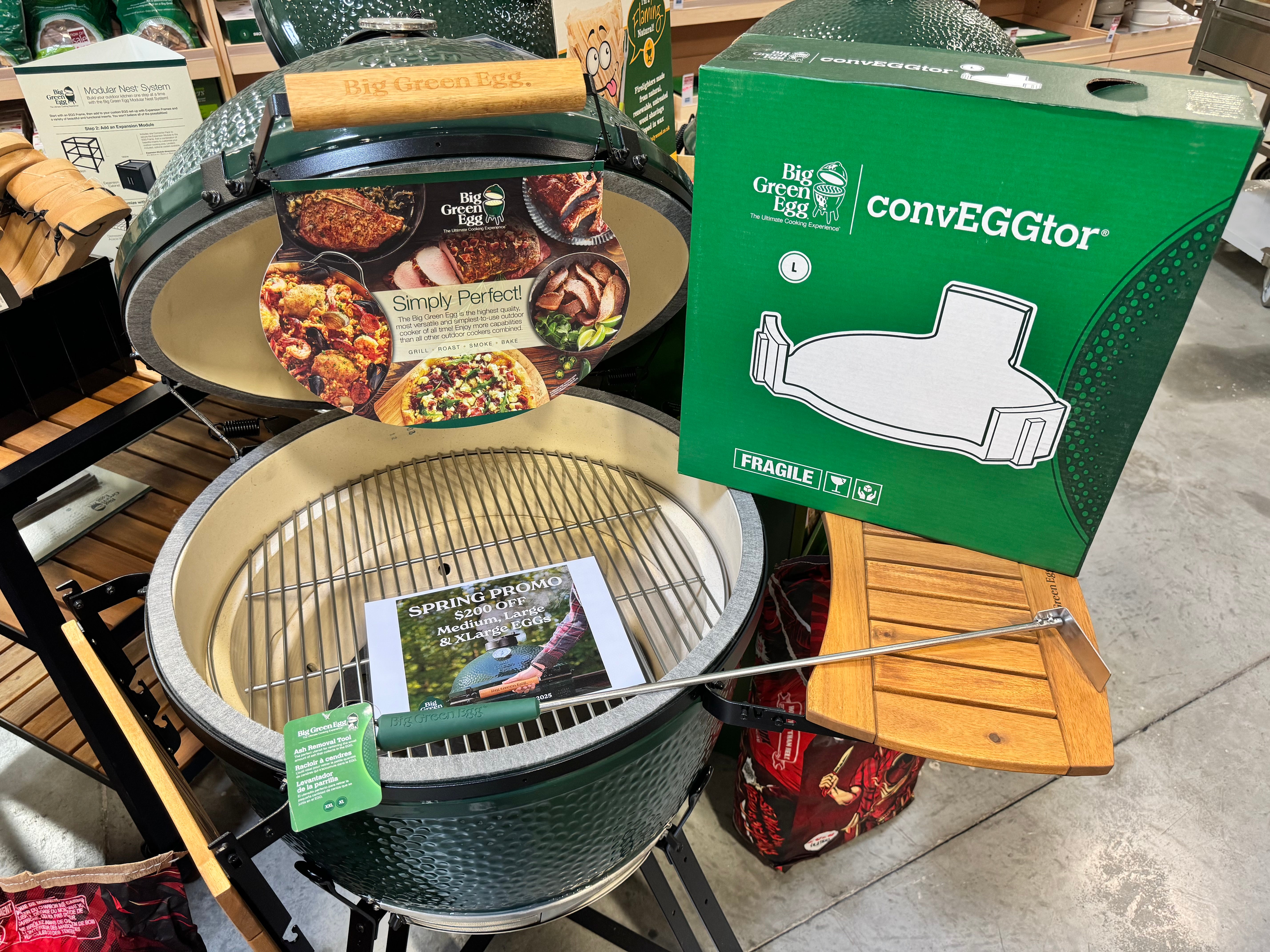 Classic big green egg starter kit with the egg, a conveggtor acessory, ash tool in the brama showroom.