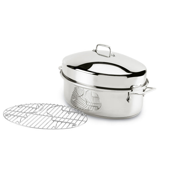 All-Clad Gourmet Accessories Stainless Steel Covered Oval Roaster with Lid and Flat Rack | E7879964