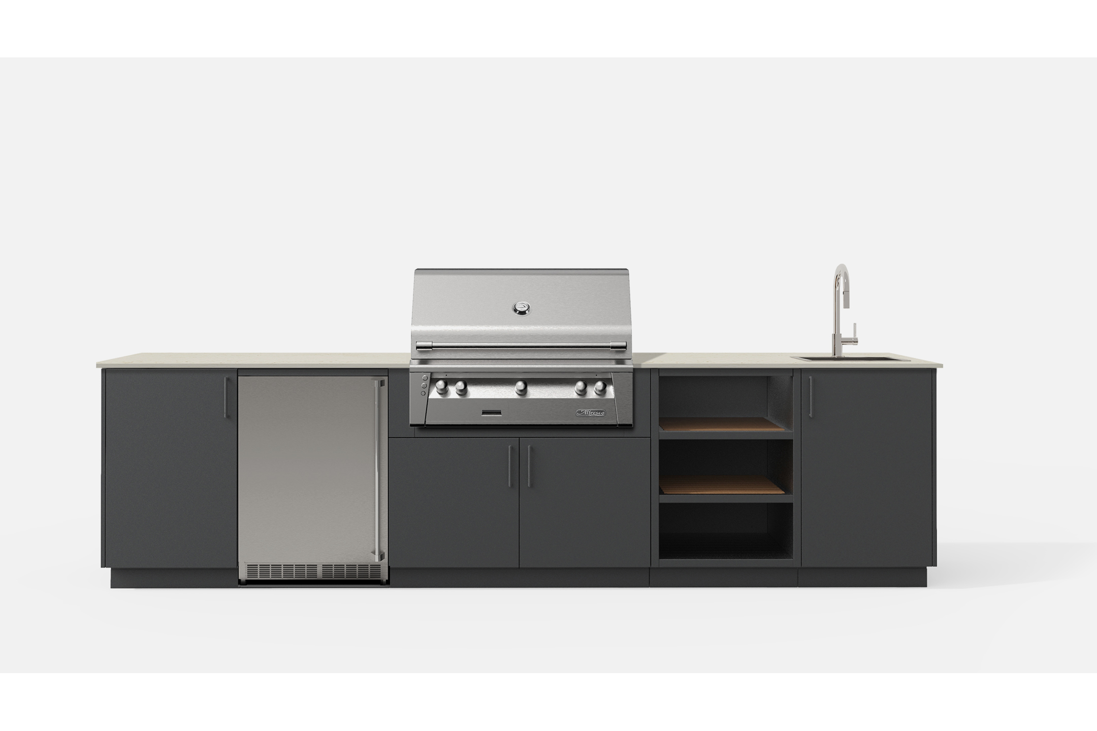 Urban Bonfire BREEZE36-A BREEZE36 Outdoor Kitchen Layout.  ANTHRACITE NACRAE powdercoated thick gauge alu
