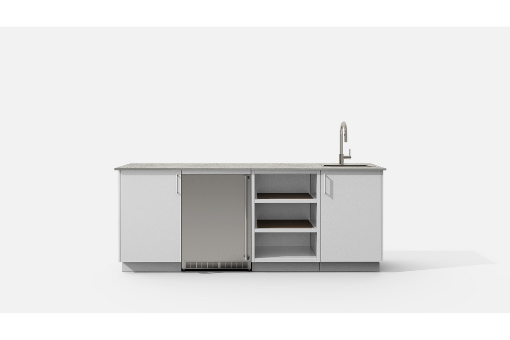 Urban Bonfire CELESTE-H CELESTE Outdoor Kitchen Layout. CHANTILLY NACRAE powdercoated thick gauge alumin