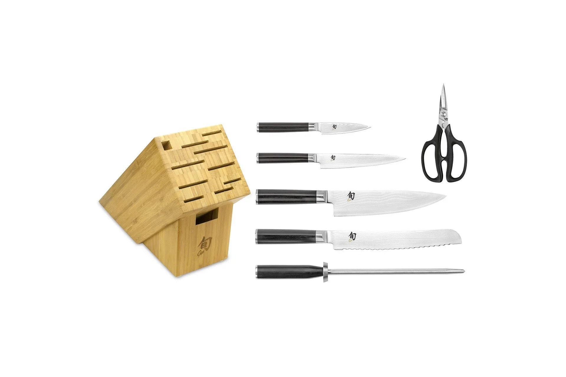 Shun DM2003B | Classic 7 Pc Essential Block Set | Paring, Utility, Chef, Bread, Honing Steel, Shears, Bamboo Block
