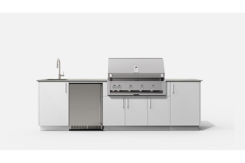 Urban Bonfire DEW42-H DEW42 Outdoor Kitchen Layout. CHANTILLY NACRAE powdercoated thick gauge aluminum