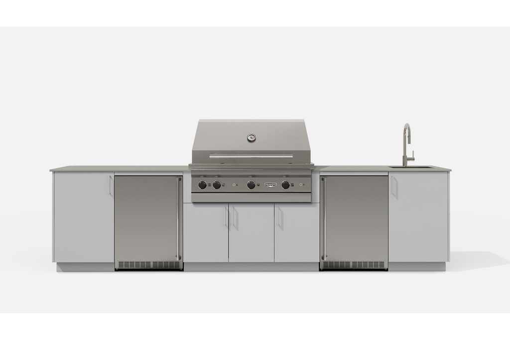 Urban Bonfire FRESCO42-H FRESCO42 Outdoor Kitchen Layout. CHANTILLY NACRAE powdercoated thick gauge alumi