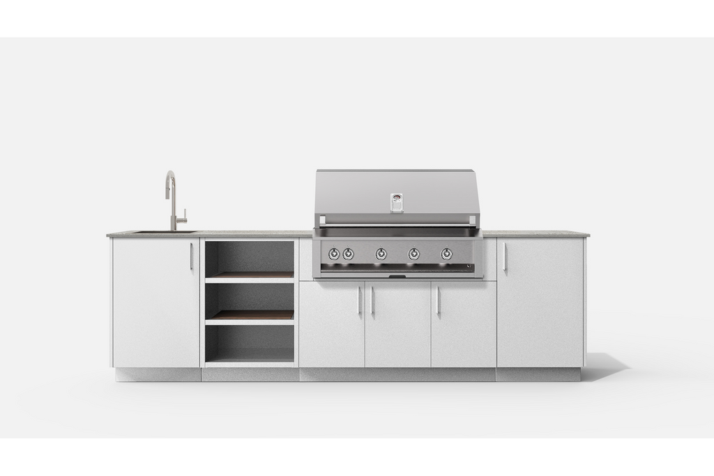 Urban Bonfire MEADOW42-H MEADOW42 Outdoor Kitchen Layout. CHANTILLY NACRAE powdercoated thick gauge alumi