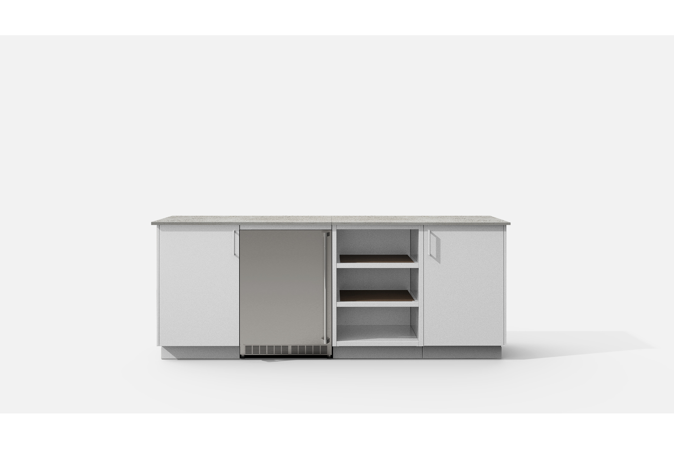 Urban Bonfire SKYE-H SKYE Outdoor Kitchen Layout. CHANTILLY NACRAE powdercoated thick gauge aluminum